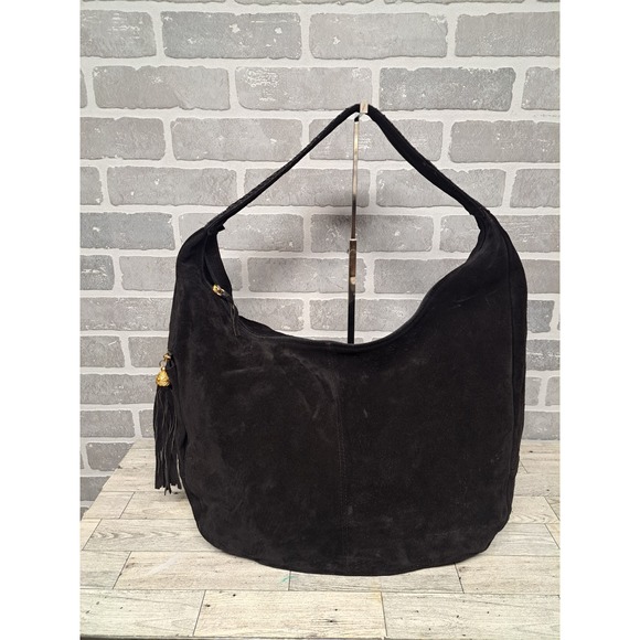 Neiman Marcus Womens Vintge Black Suede Shoulder Genuine Leather Hobo Bag Tassel